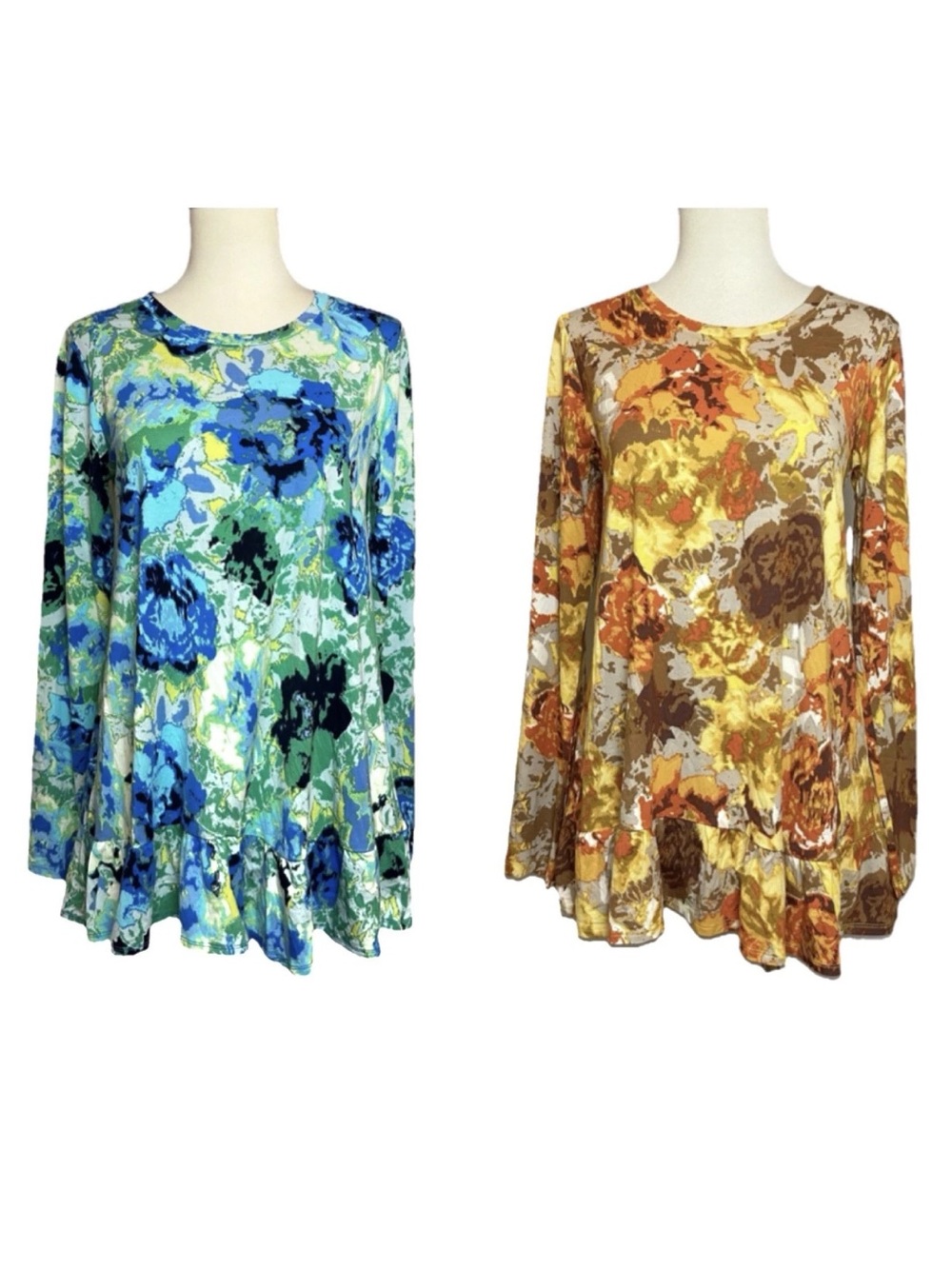 (2) LOGO By Lori Goldstein Tops Blue Brown Floral Ruffle Hem Pockets